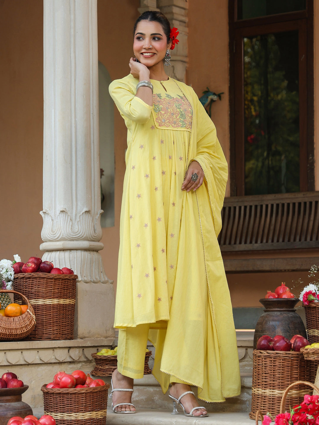 Janasya Women's Yellow Pure Cotton Embroidered A-line Kurta Set - qivii