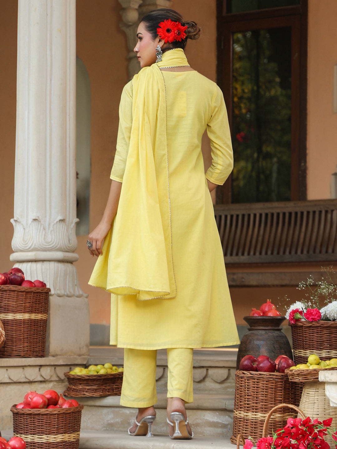Janasya Women's Yellow Pure Cotton Embroidered A-line Kurta Set - qivii