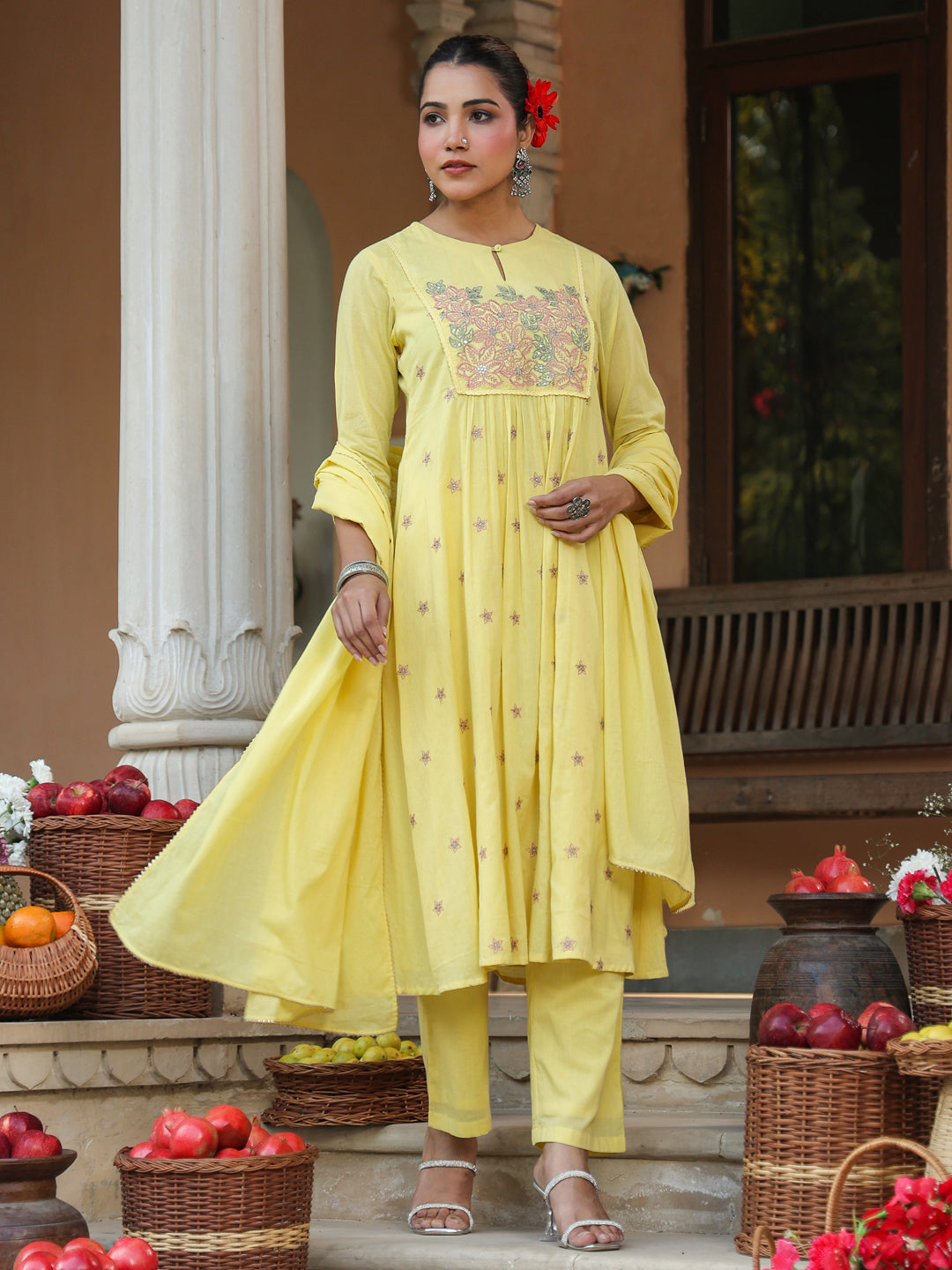 Janasya Women's Yellow Pure Cotton Embroidered A-line Kurta Set - qivii