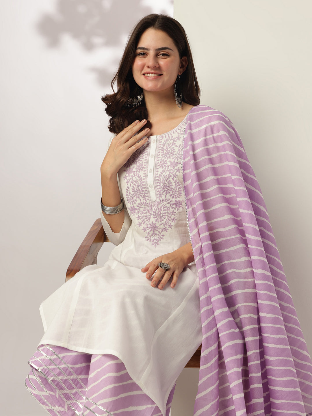 White & Lavender Pure Cotton Yoke Embroidered Straight Kurta Set - qivii