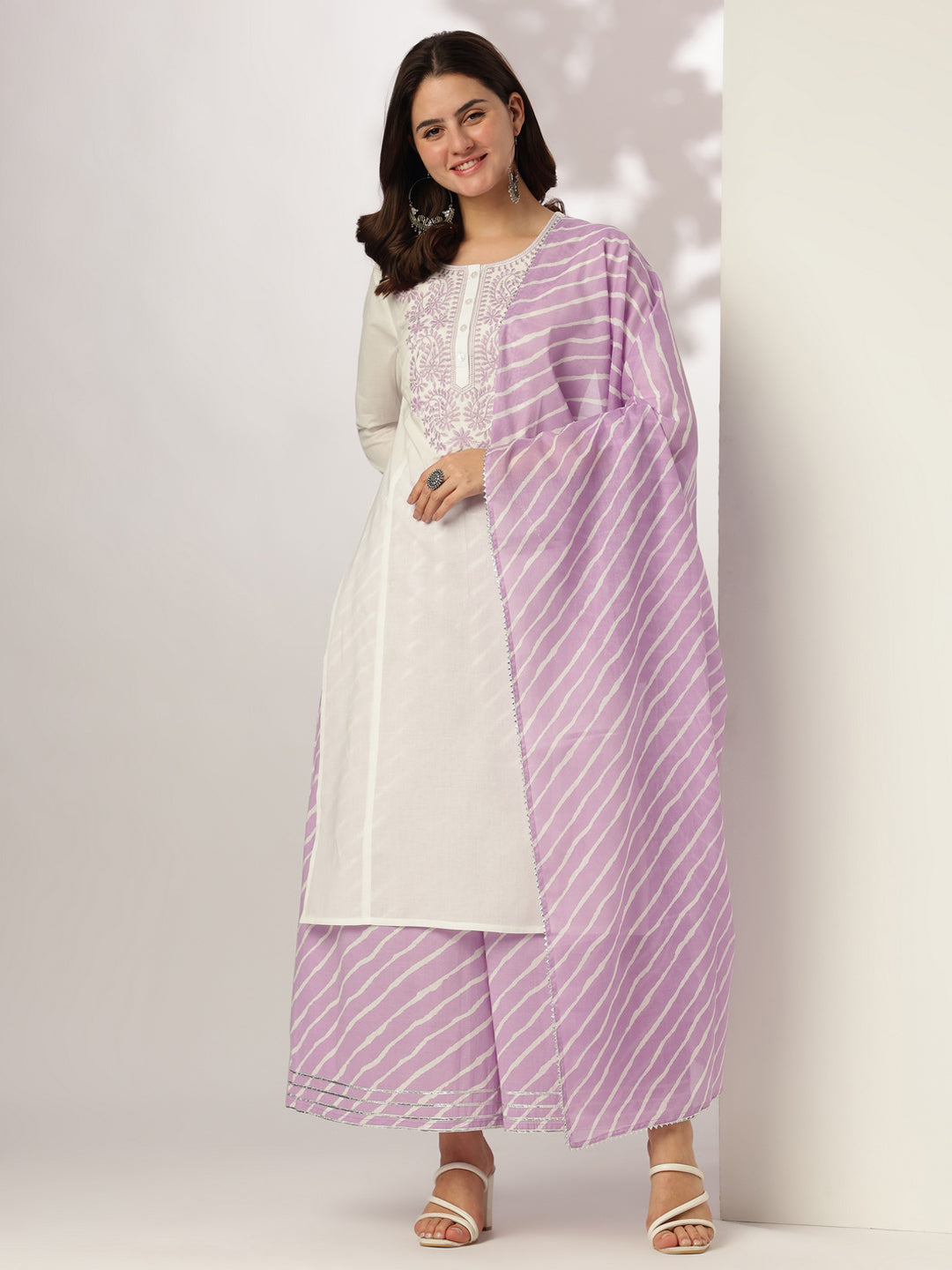 White & Lavender Pure Cotton Yoke Embroidered Straight Kurta Set - qivii