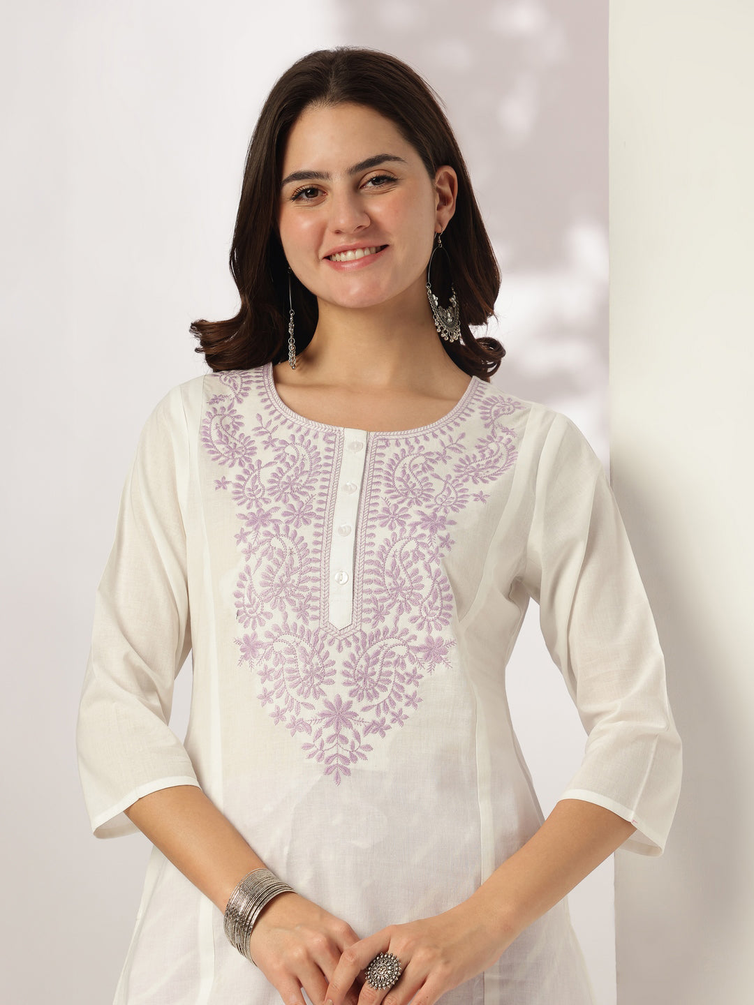 White & Lavender Pure Cotton Yoke Embroidered Straight Kurta Set - qivii