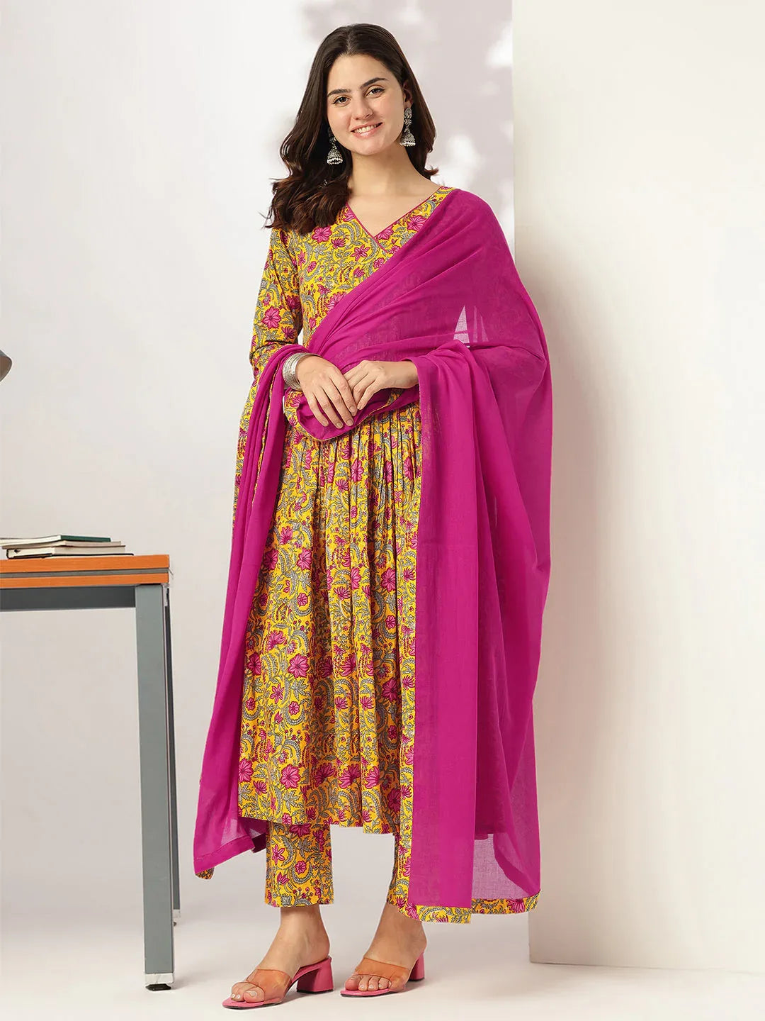 Janasya Women's Yellow Pure Cotton Floral Printed Angrakha Kurta Set