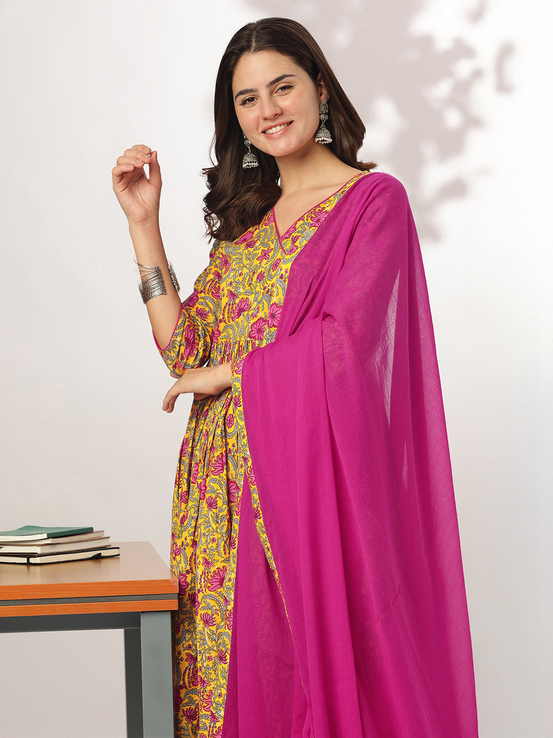 Janasya Women's Yellow Pure Cotton Floral Printed Angrakha Kurta Set - qivii