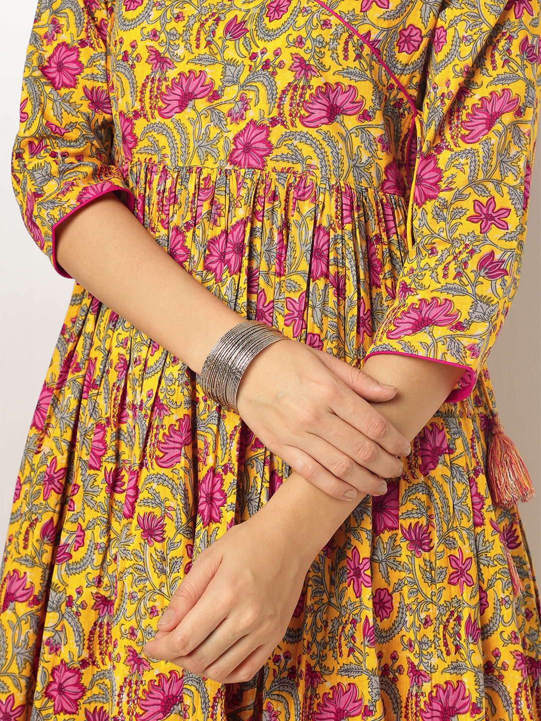 Janasya Women's Yellow Pure Cotton Floral Printed Angrakha Kurta Set - qivii