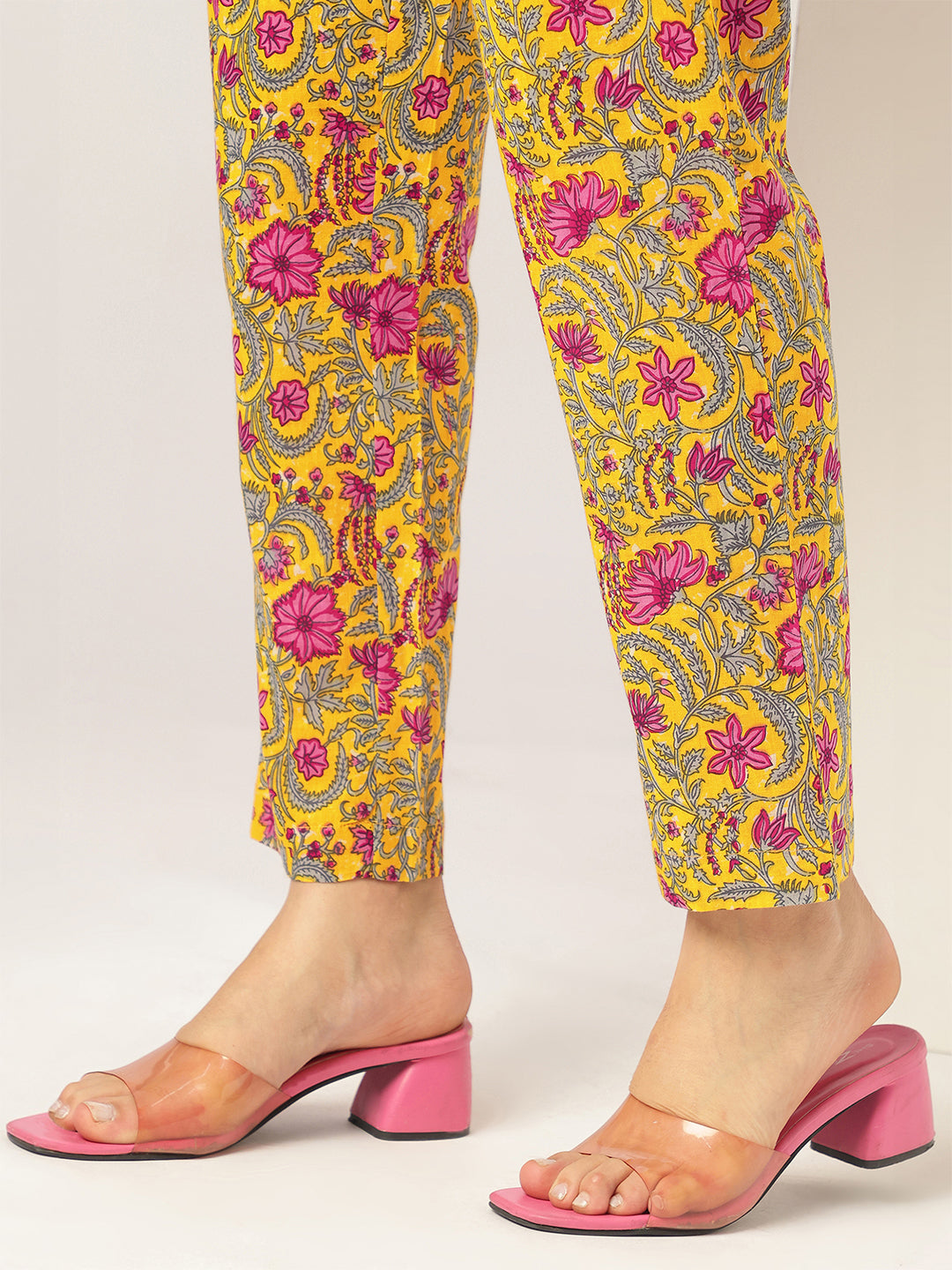 Janasya Women's Yellow Pure Cotton Floral Printed Angrakha Kurta Set - qivii