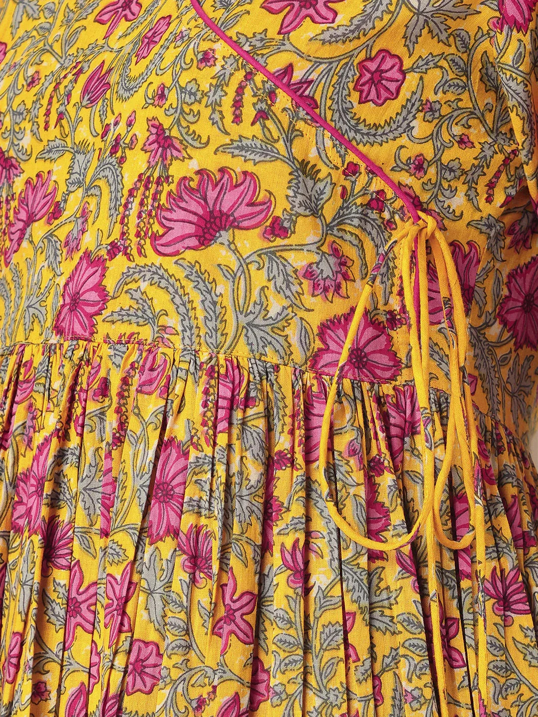 Janasya Women's Yellow Pure Cotton Floral Printed Angrakha Kurta Set