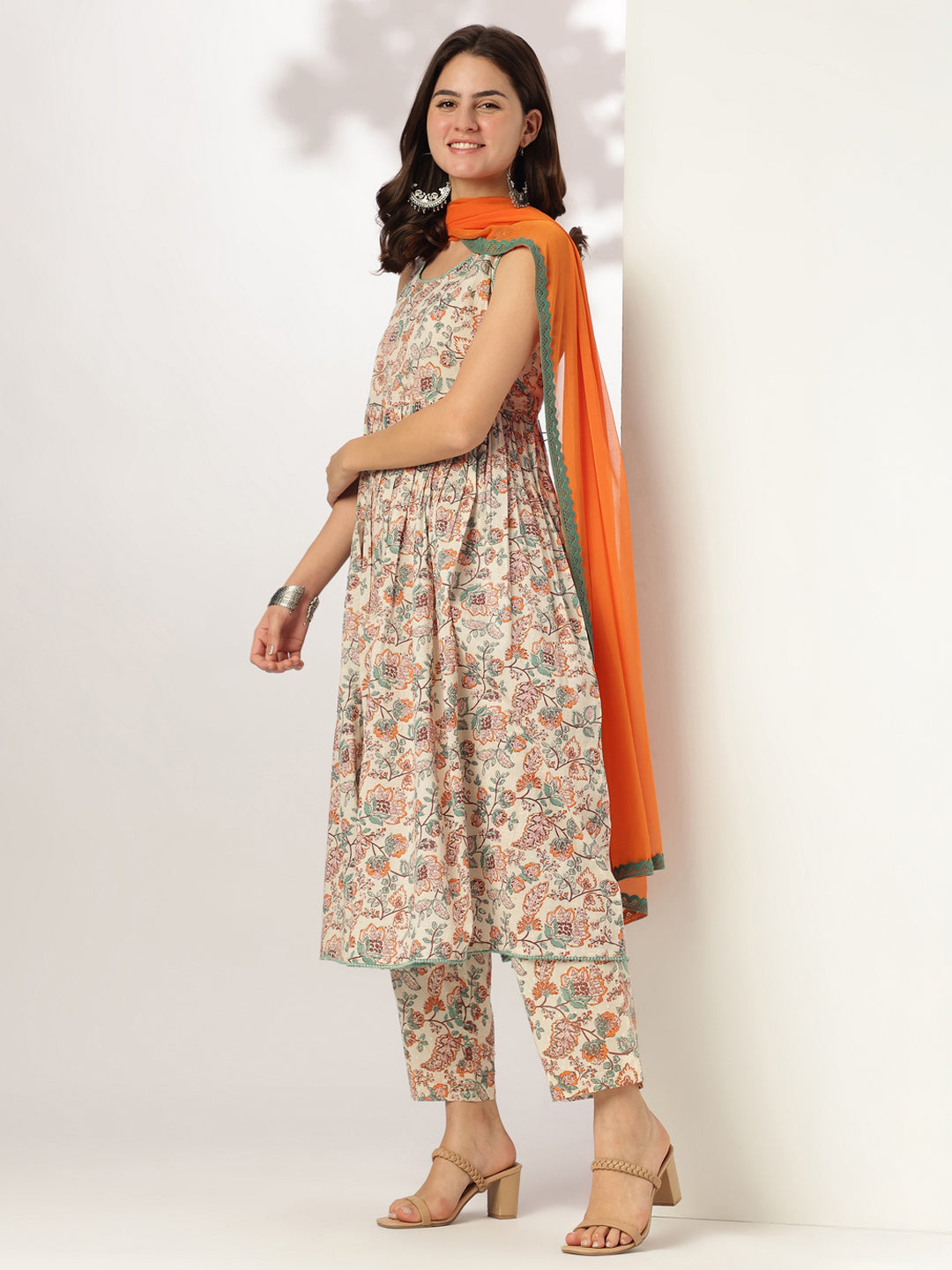 Off White Pure Cotton Floral Printed A-line Kurta Set - qivii