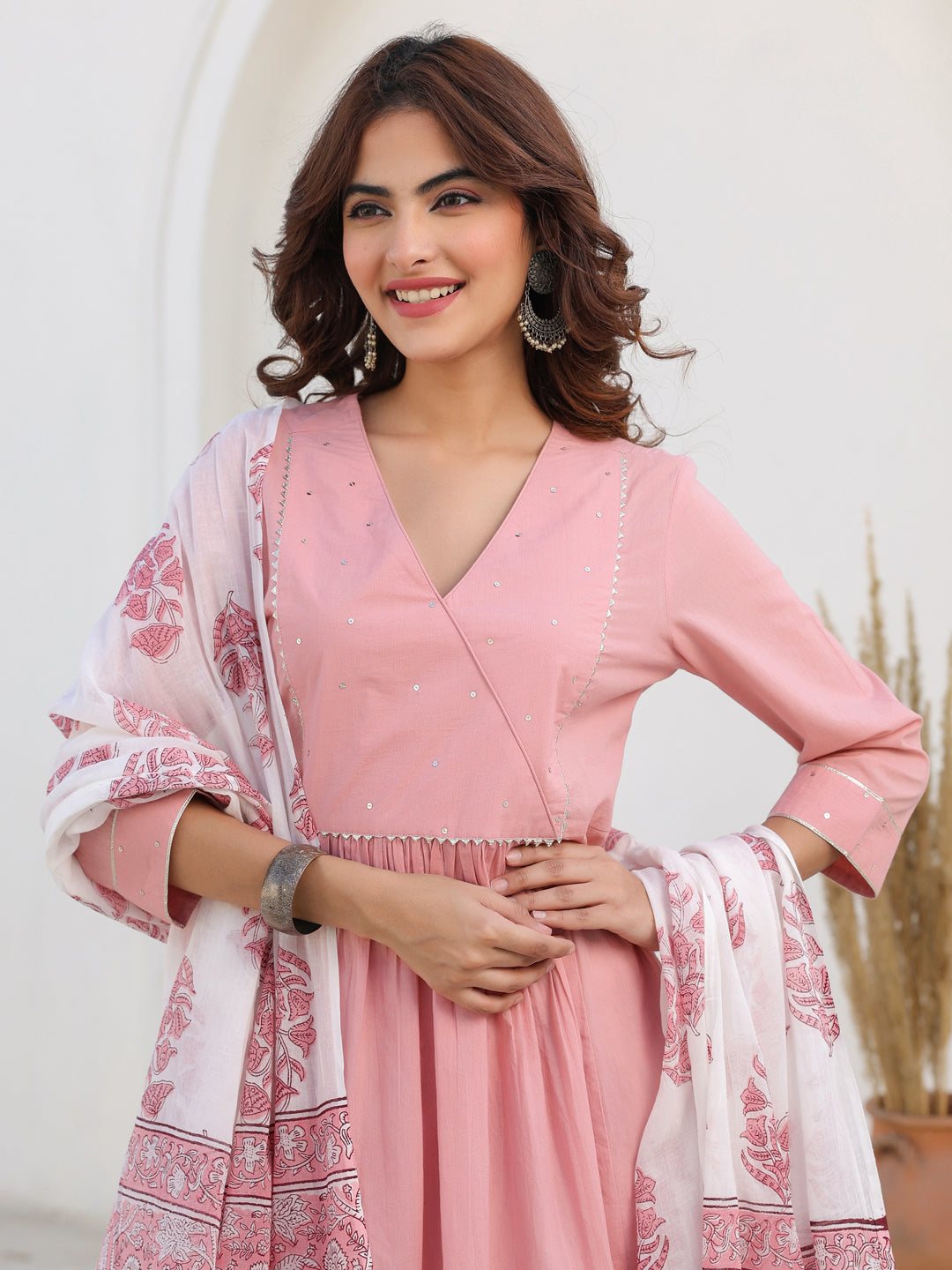 Light Pink Pure Cotton Floral Printed A-line Kurta Set - qivii