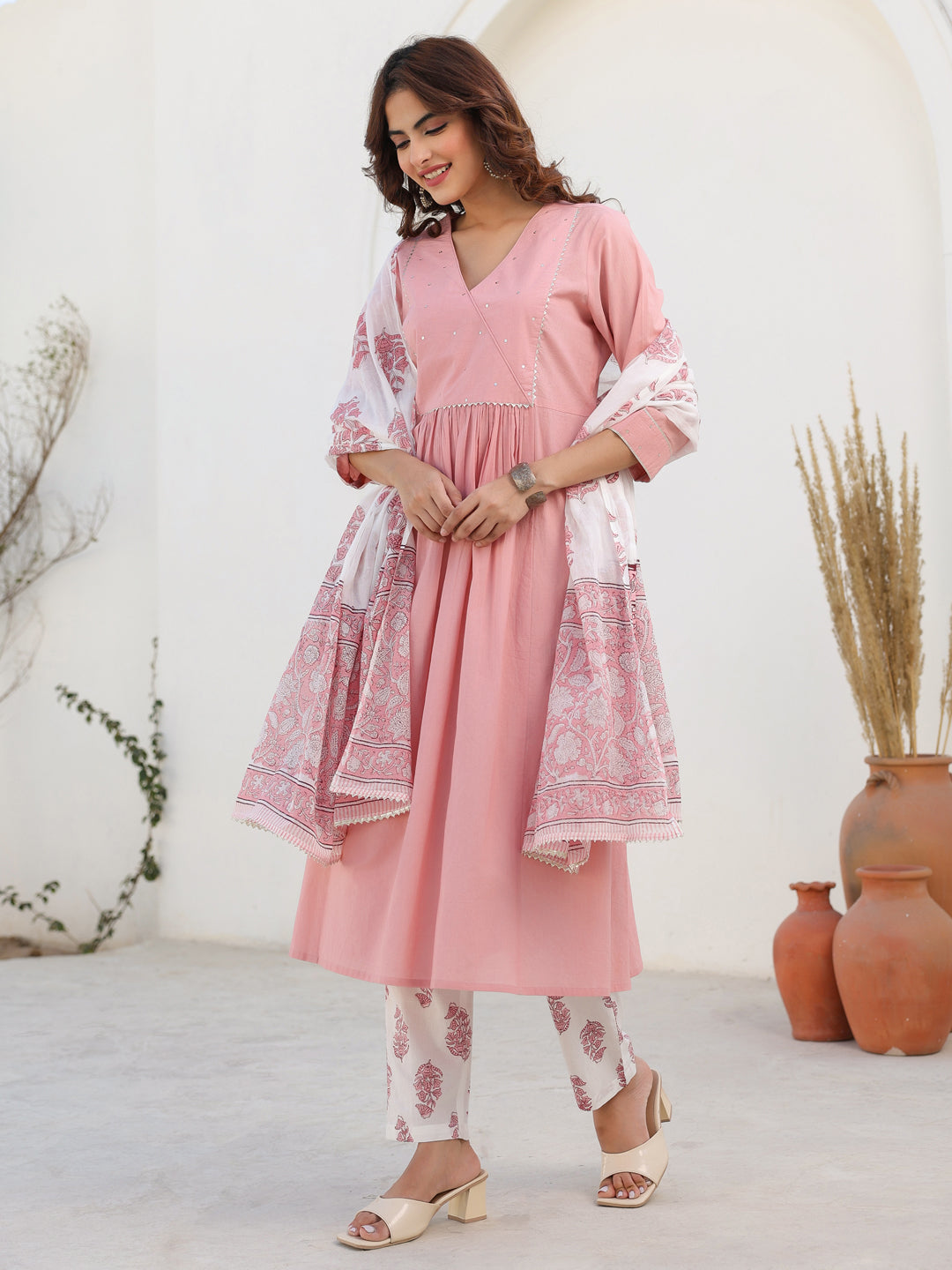 Light Pink Pure Cotton Floral Printed A-line Kurta Set - qivii