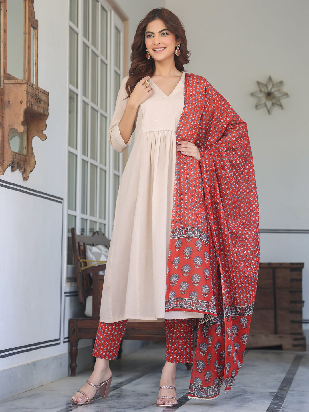 Beige Pure Cotton Floral Printed A-line Kurta Set - qivii