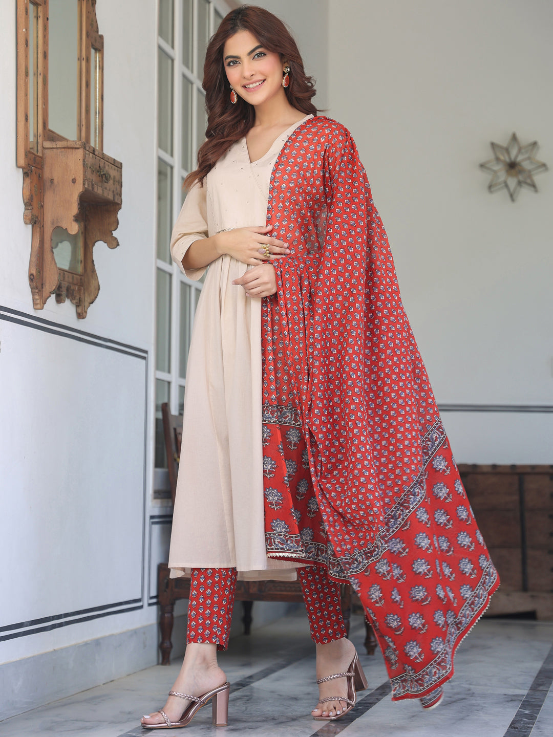 Beige Pure Cotton Floral Printed A-line Kurta Set - qivii