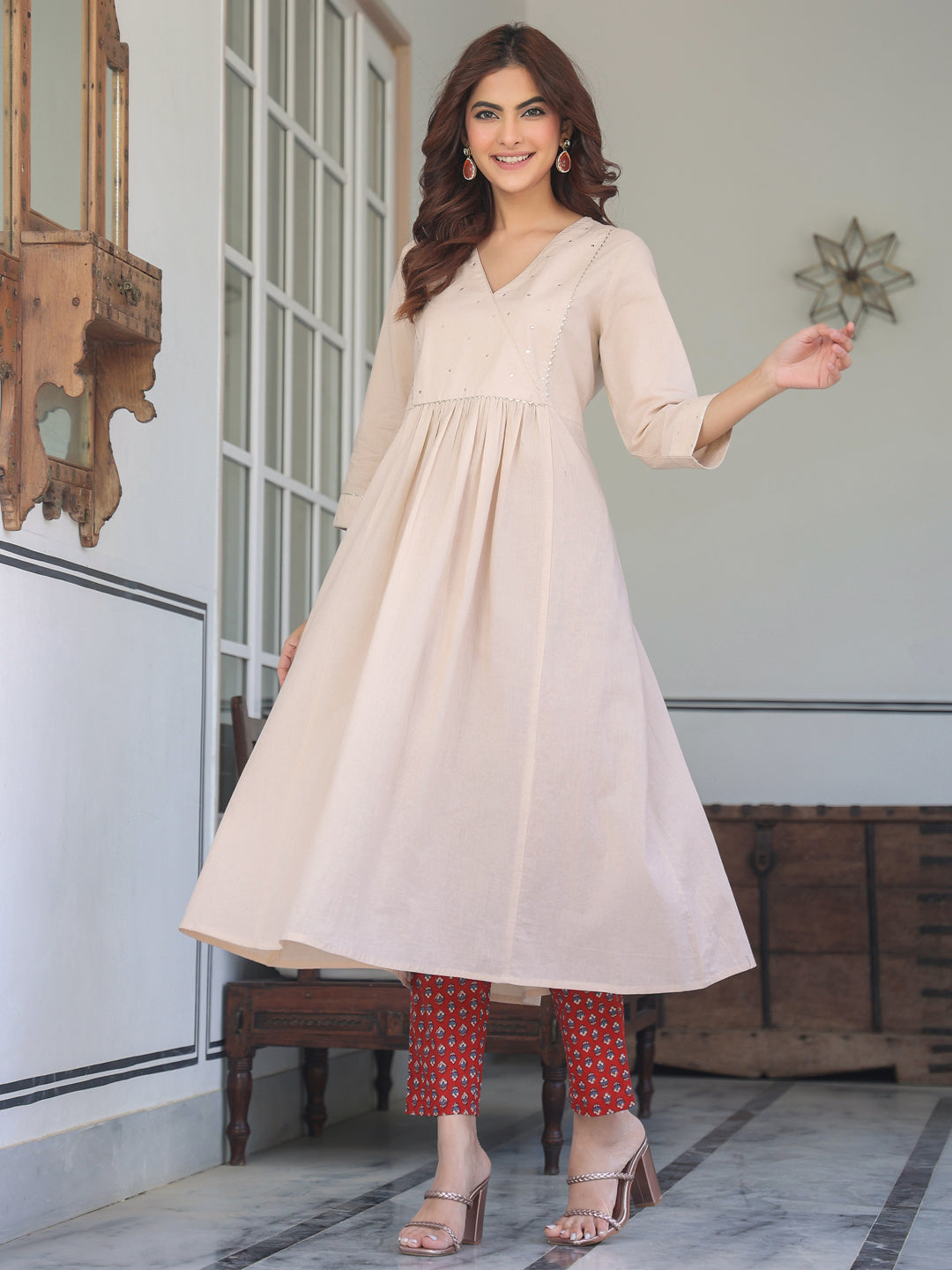 Beige Pure Cotton Floral Printed A-line Kurta Set - qivii