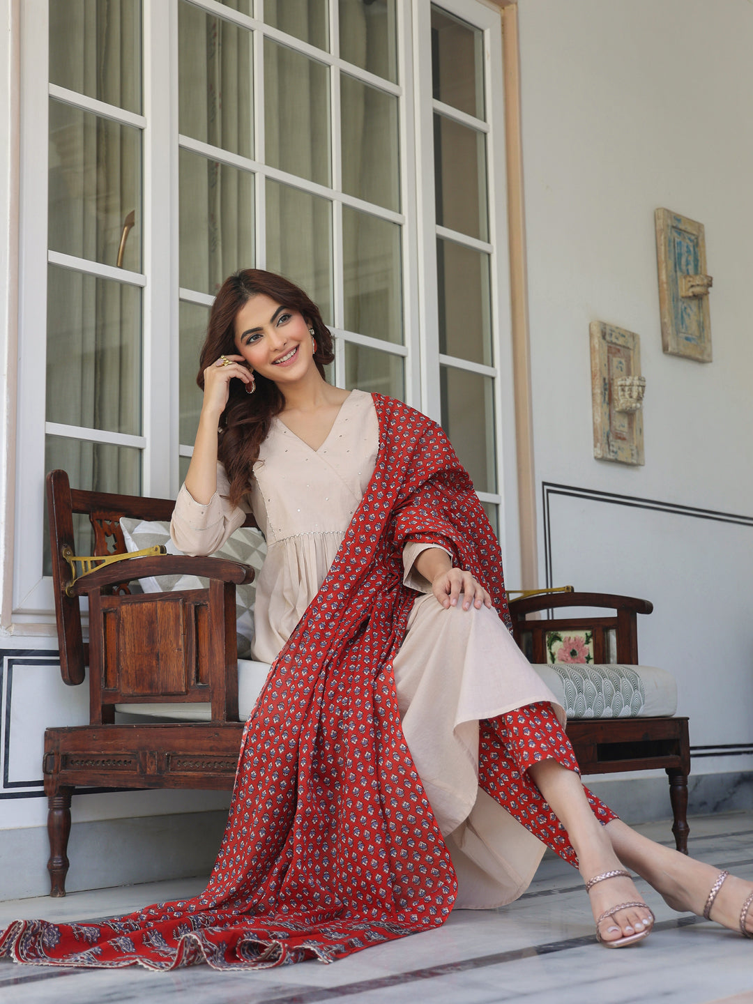 Beige Pure Cotton Floral Printed A-line Kurta Set - qivii