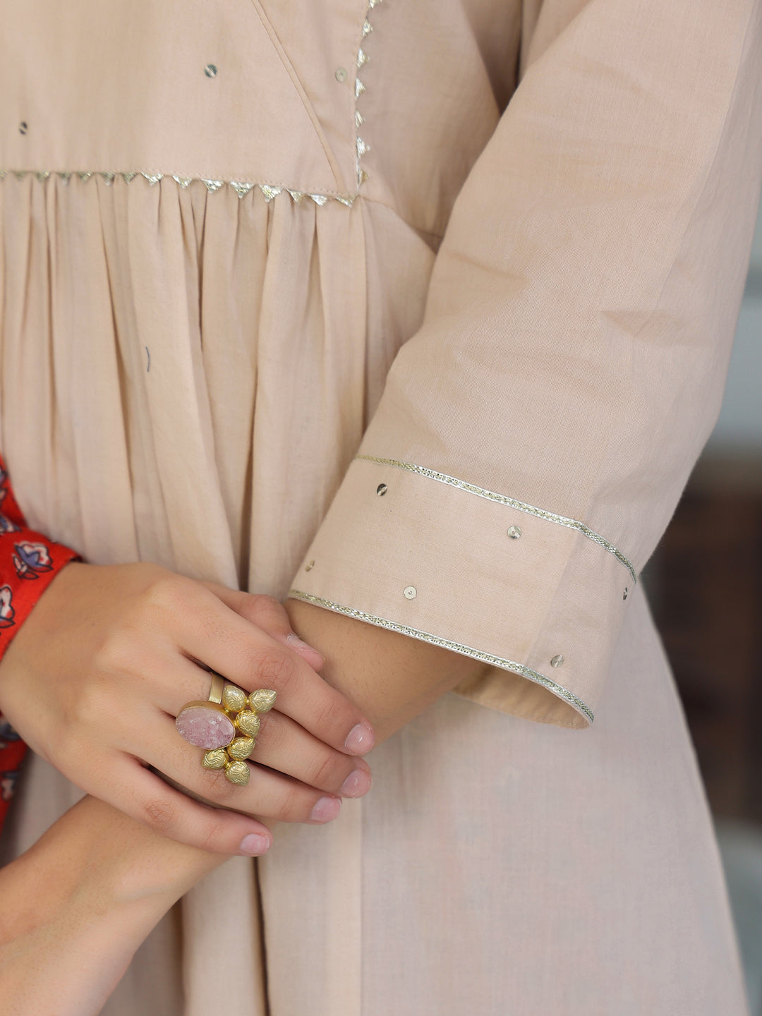 Beige Pure Cotton Floral Printed A-line Kurta Set - qivii