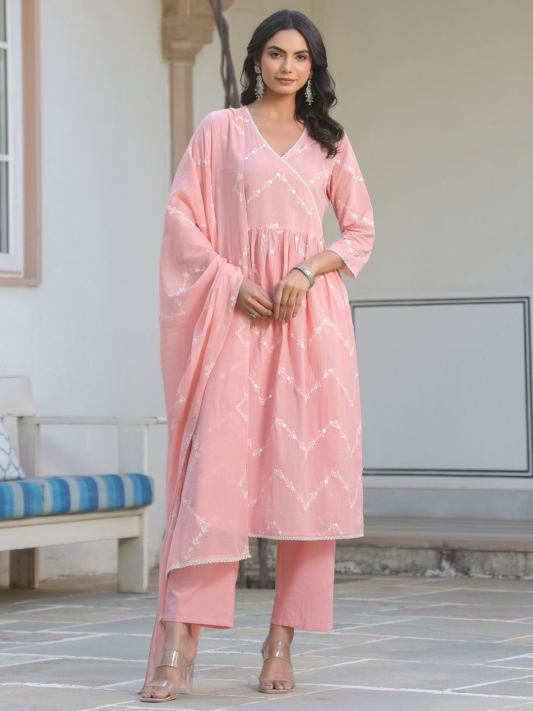 Janasya Women's Peach Pure Cotton Embroidered A-line Kurta Set - qivii