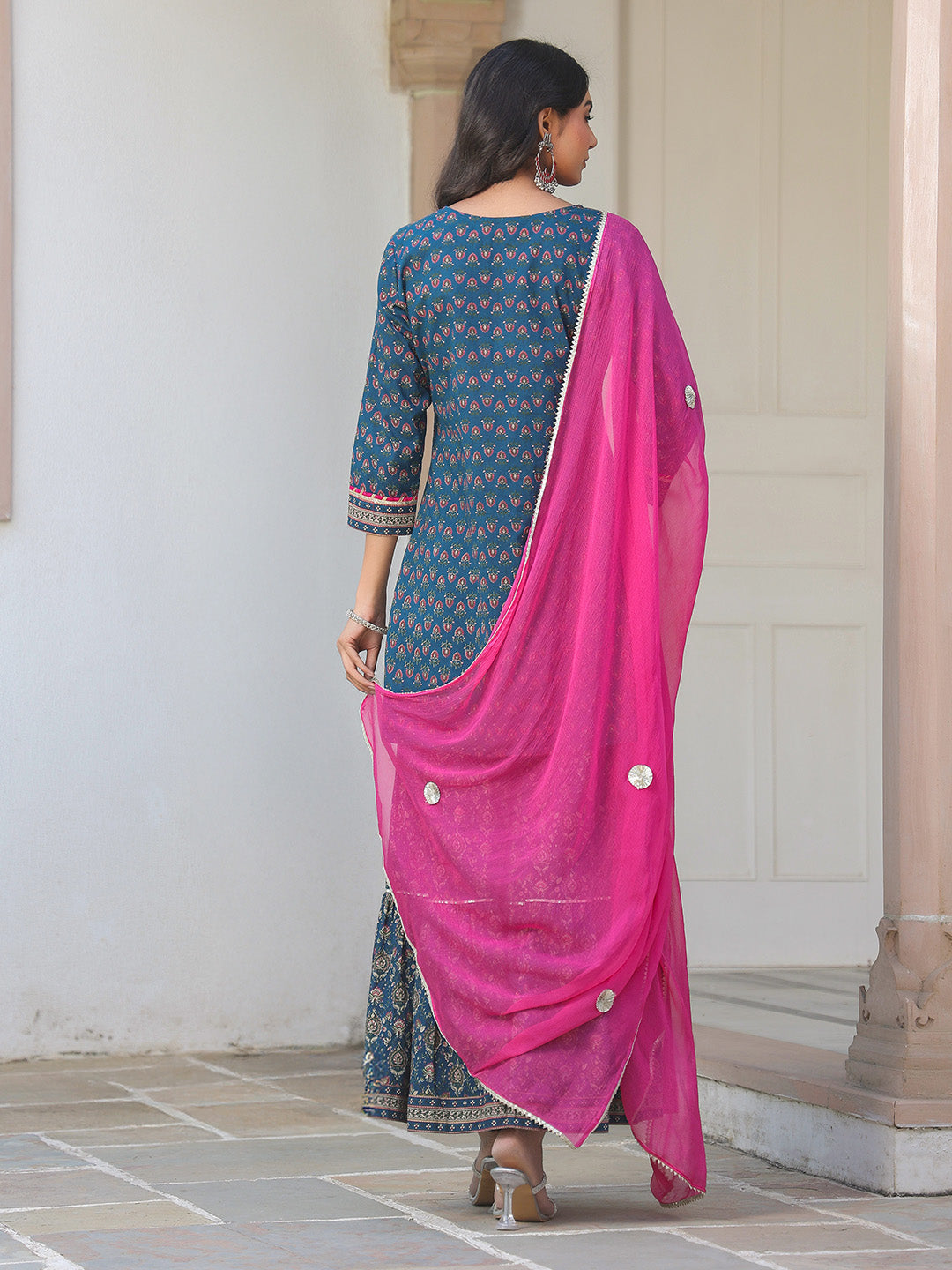 Janasya Women's Dark Blue Pure Cotton Floral Printed Straight Kurta With Sharara & Dupatta Set - qivii