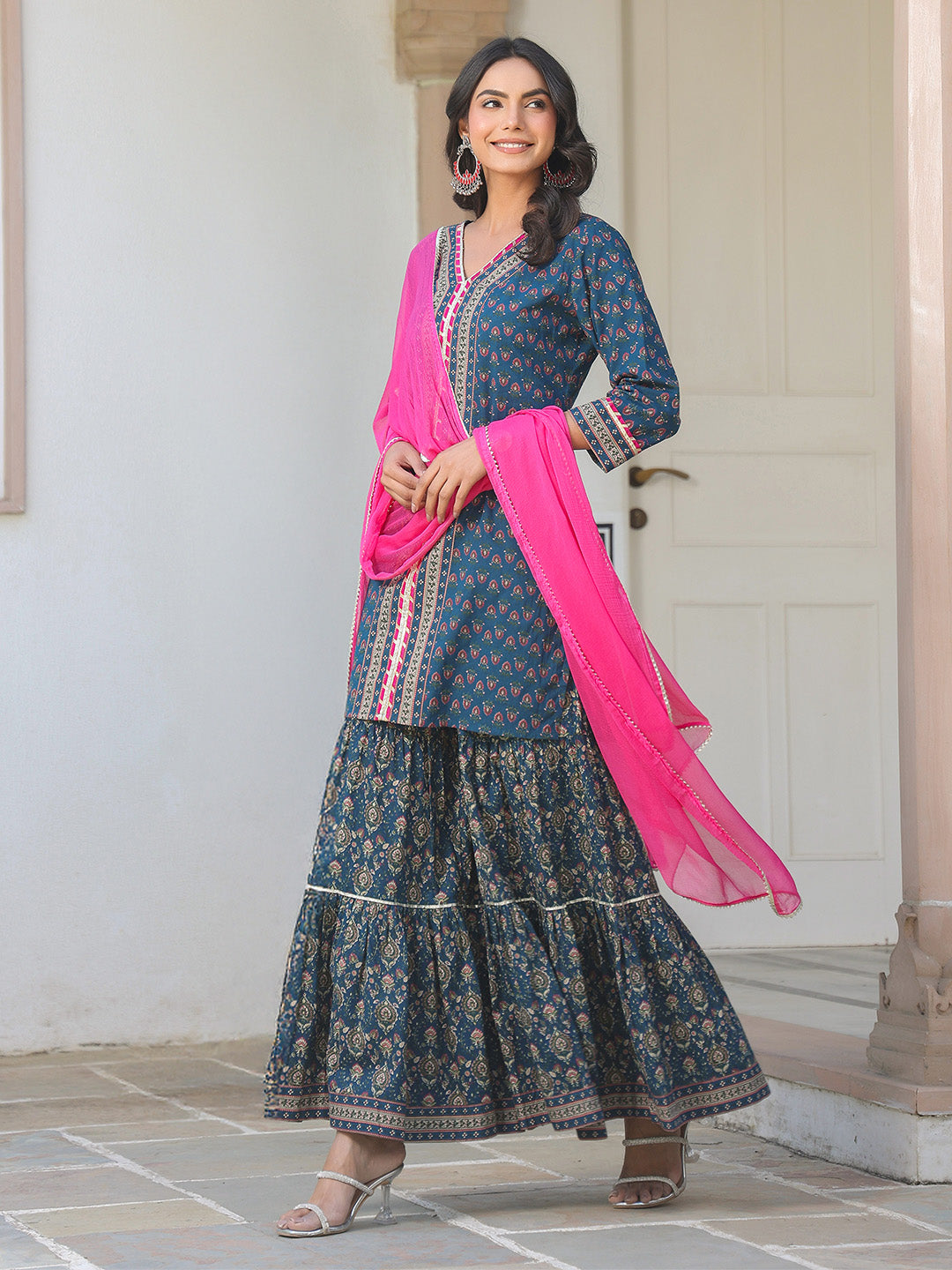 Janasya Women's Dark Blue Pure Cotton Floral Printed Straight Kurta With Sharara & Dupatta Set - qivii