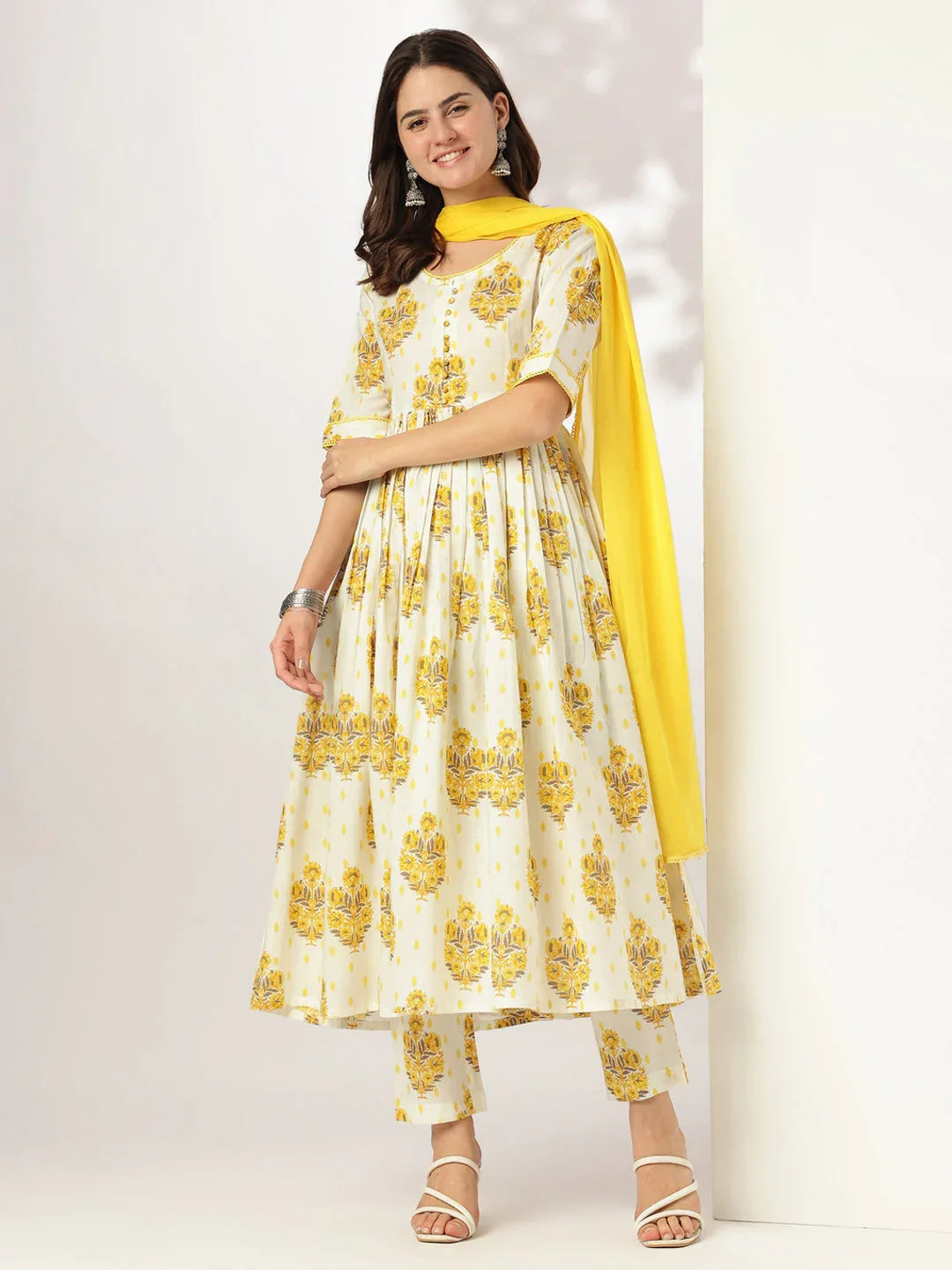 Janasya Women's Off White Pure Cotton Floral Printed A-line Kurta Set