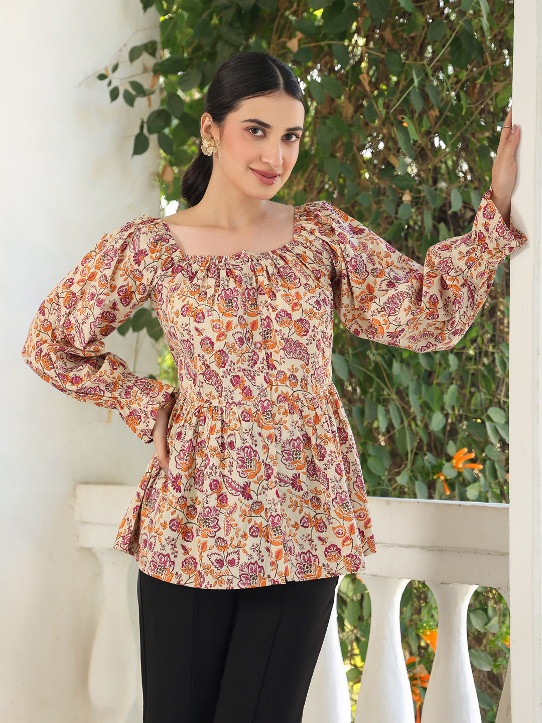 Beige Pure Cotton Floral Printed Peplum Top - qivii