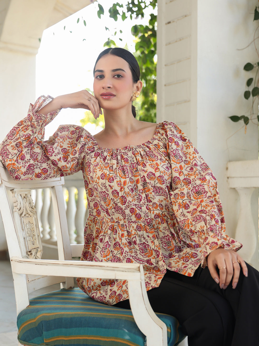 Beige Pure Cotton Floral Printed Peplum Top - qivii
