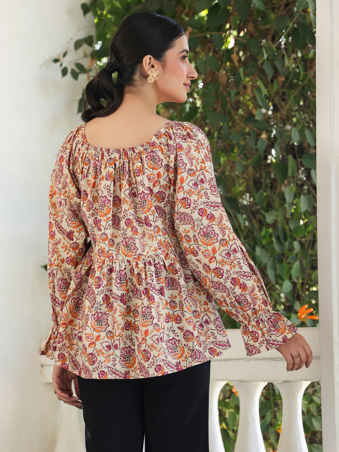 Beige Pure Cotton Floral Printed Peplum Top - qivii
