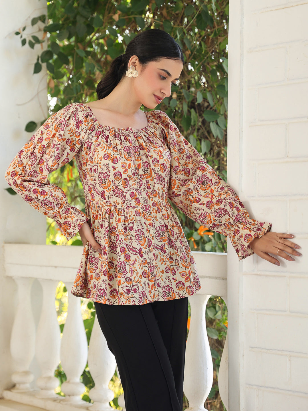 Beige Pure Cotton Floral Printed Peplum Top - qivii