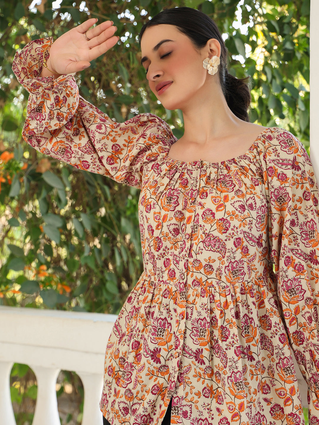 Beige Pure Cotton Floral Printed Peplum Top - qivii