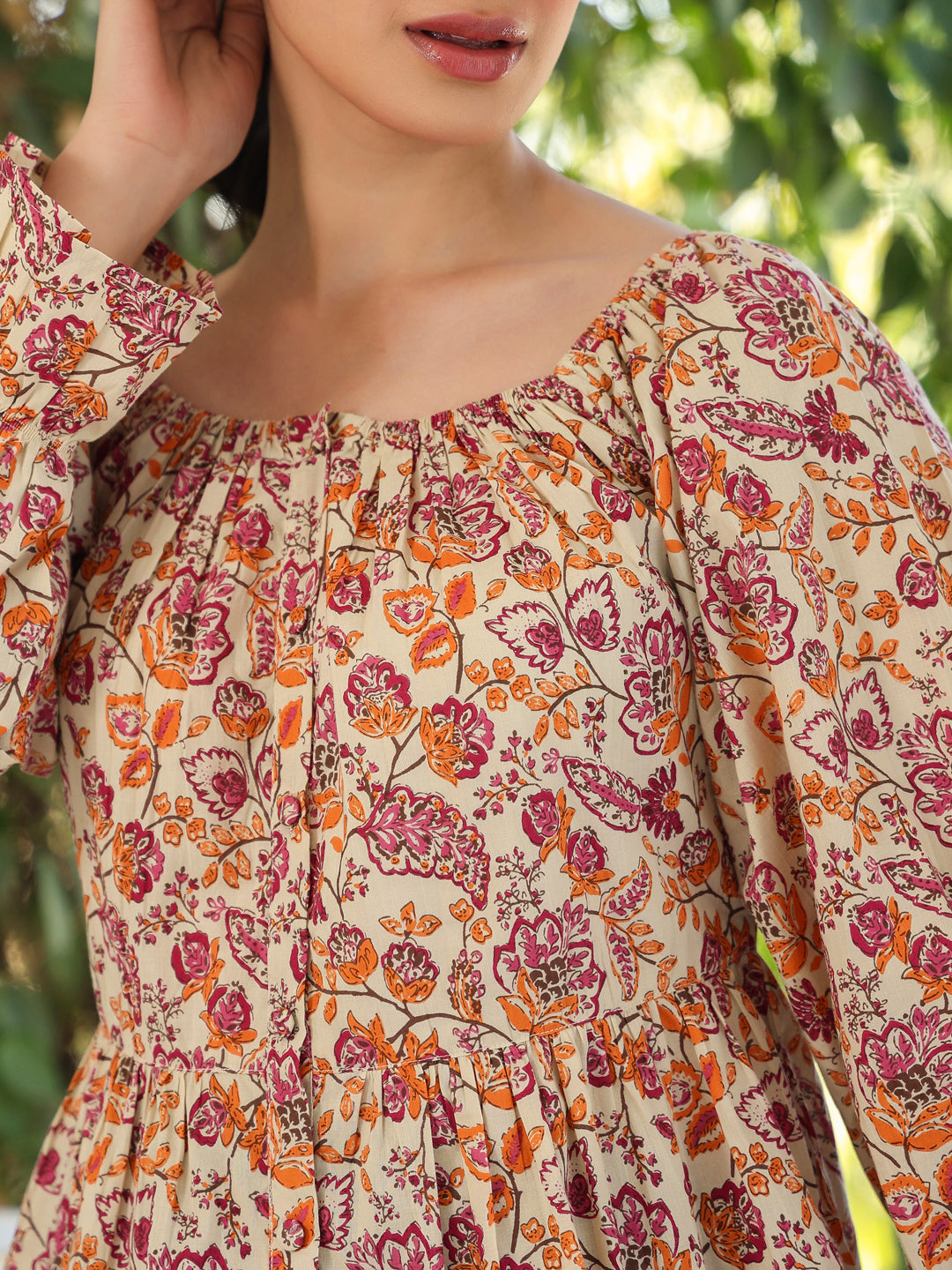 Beige Pure Cotton Floral Printed Peplum Top - qivii
