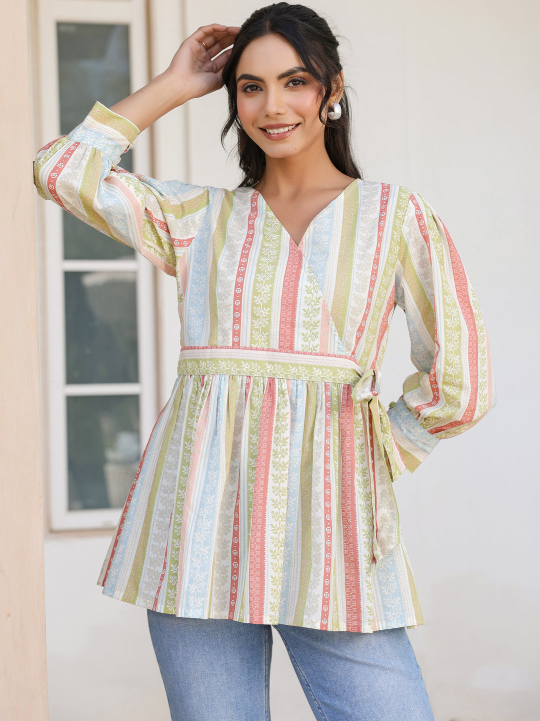 Off White Pure Cotton Floral Printed Peplum Top - qivii