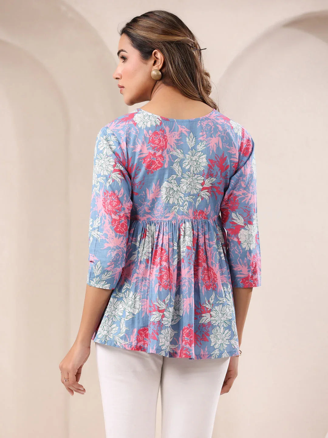 Janasya Women's Blue Pure Cotton Floral Printed A-line Top
