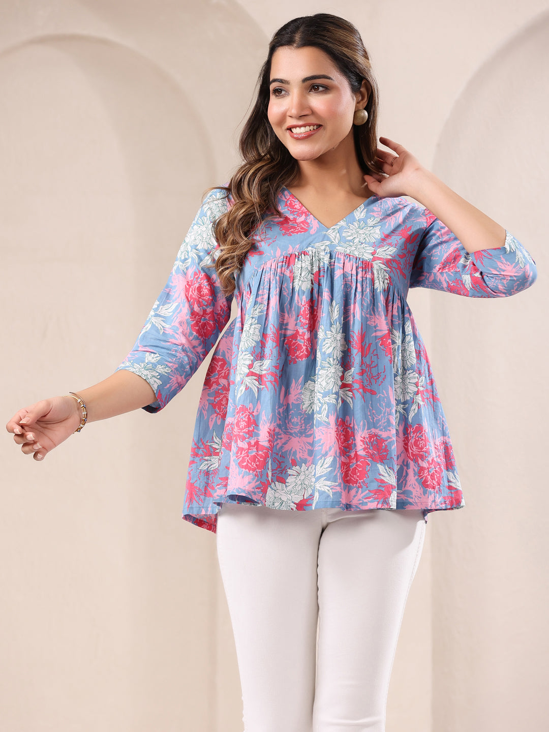 Janasya Women's Blue Pure Cotton Floral Printed A-line Top - qivii
