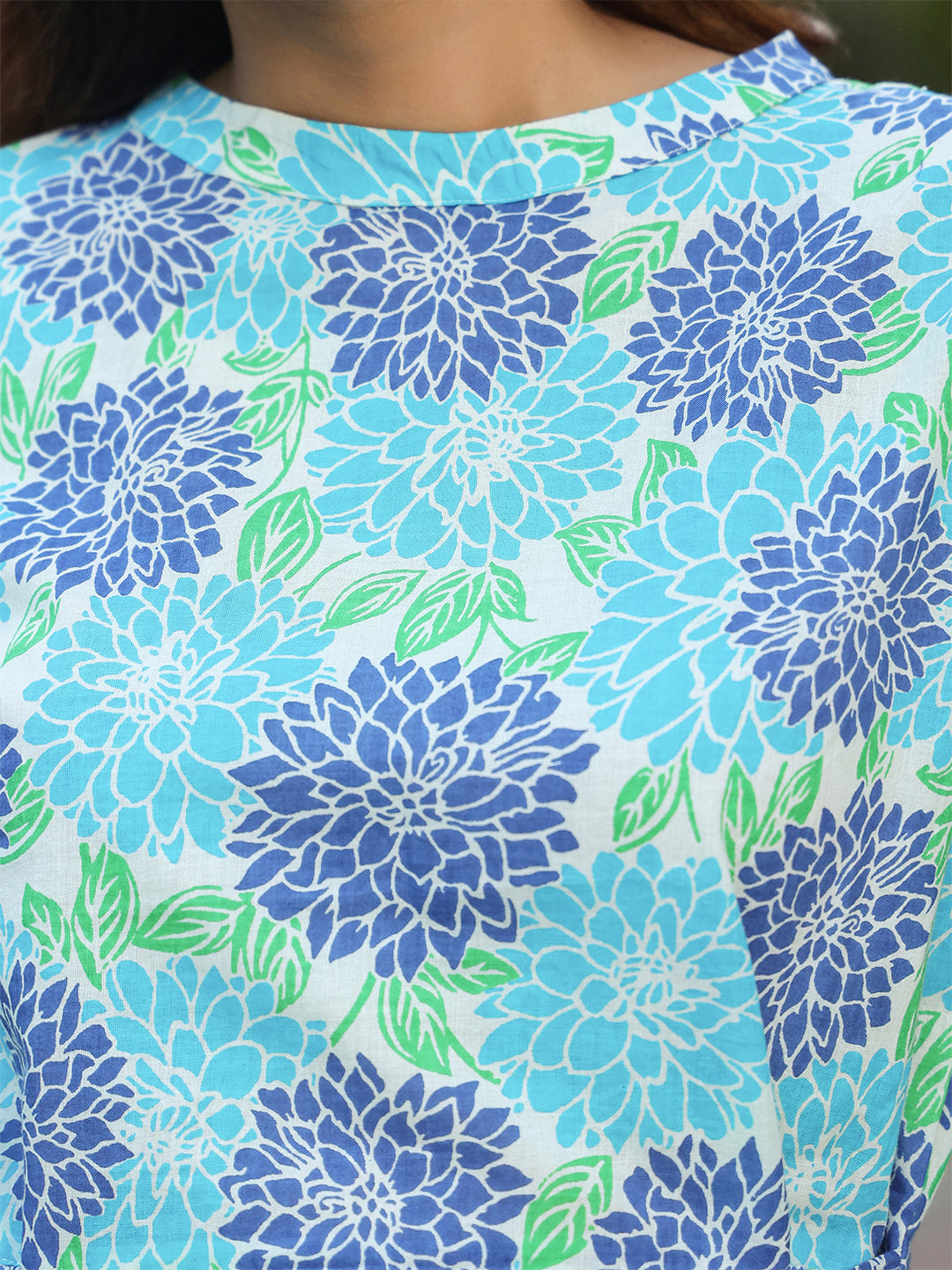 White & Blue Pure Cotton Floral Printed Fit & Flare Top - qivii