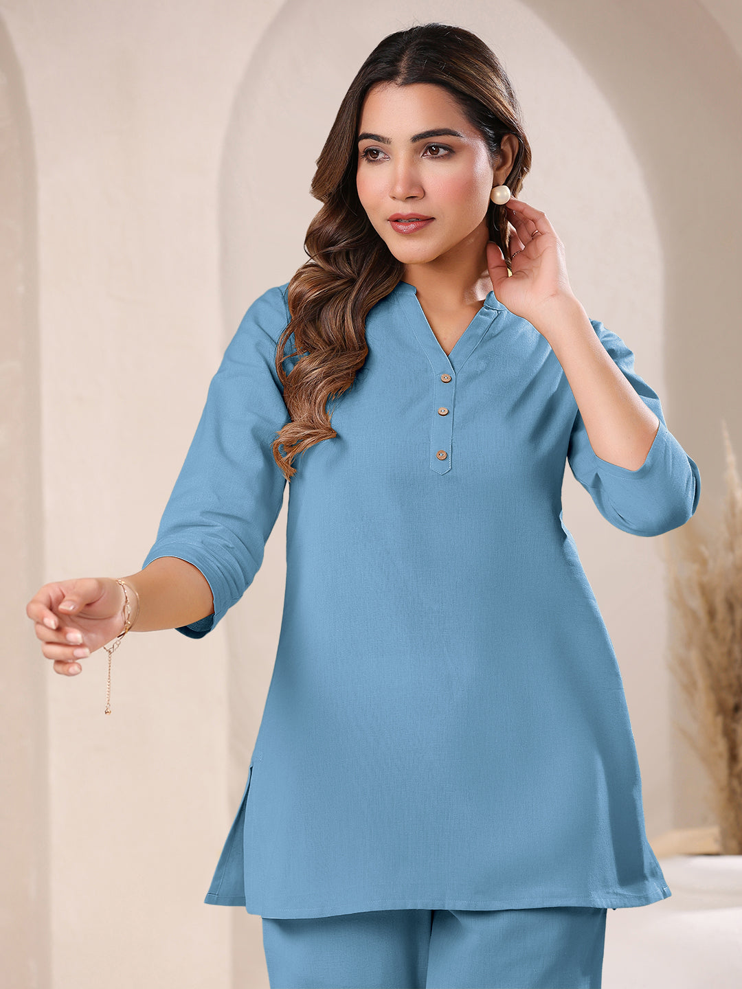 Light Blue Cotton Solid A-line Top - qivii