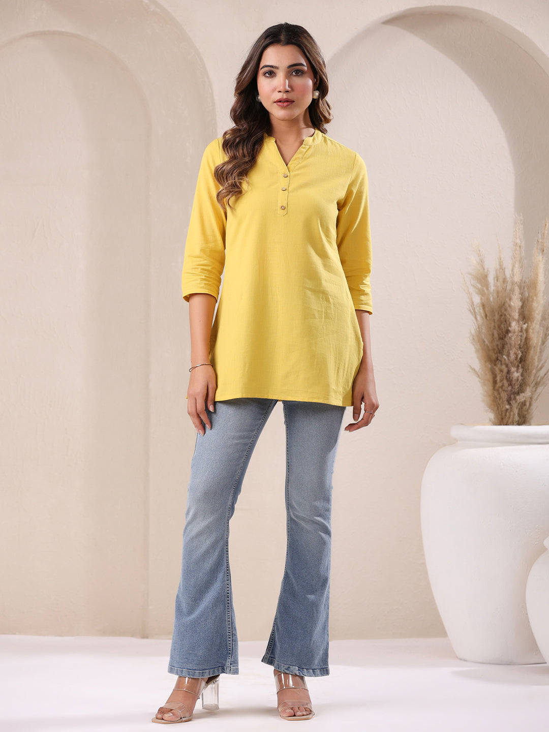 Yellow Cotton Solid A-line Top - qivii