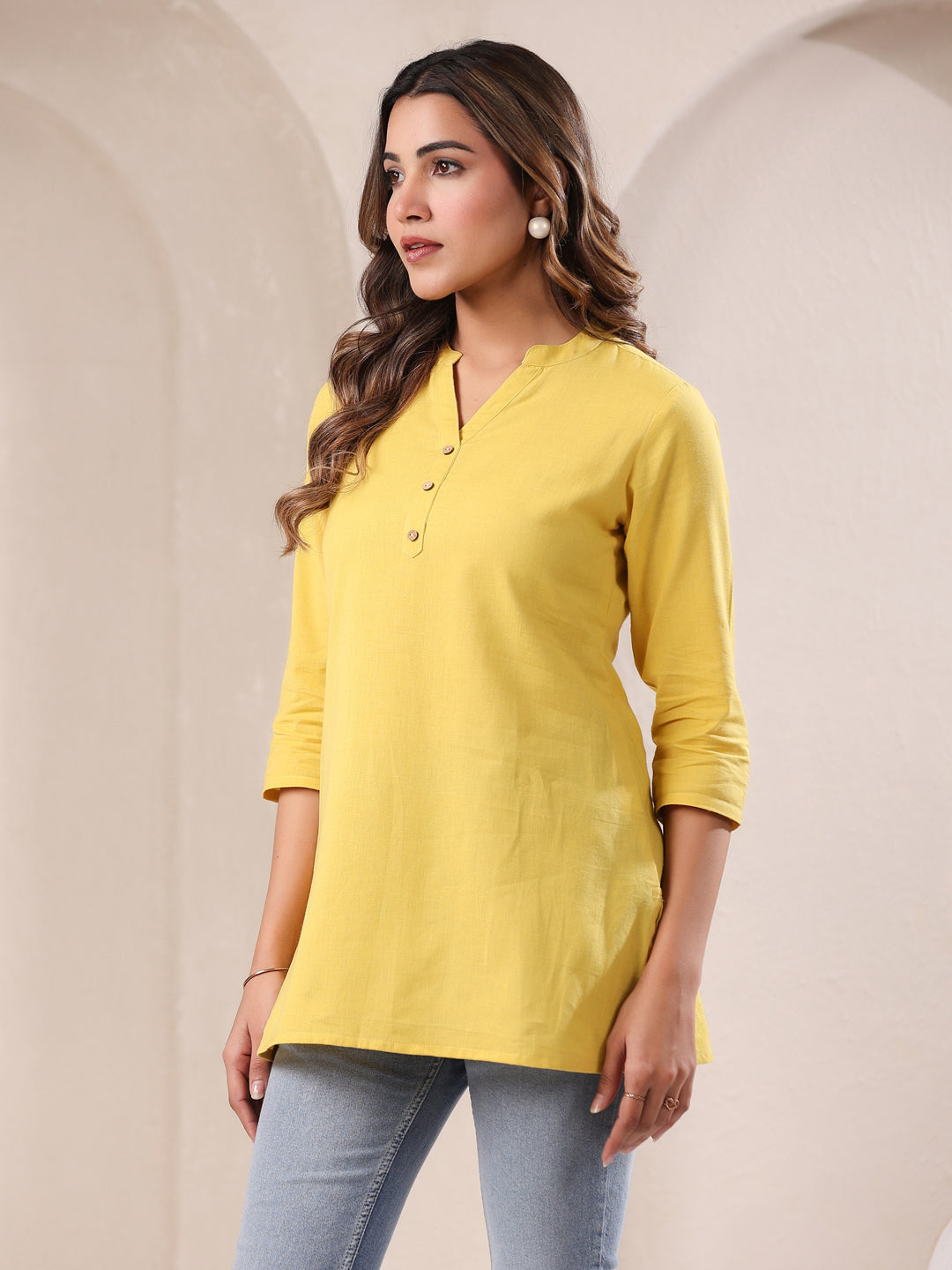 Yellow Cotton Solid A-line Top - qivii