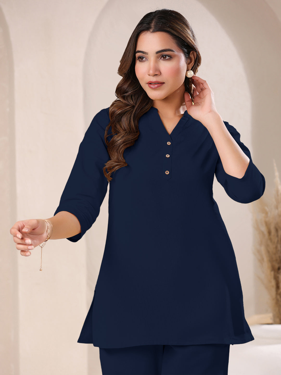 Navy Blue Cotton Solid A-line Top - qivii