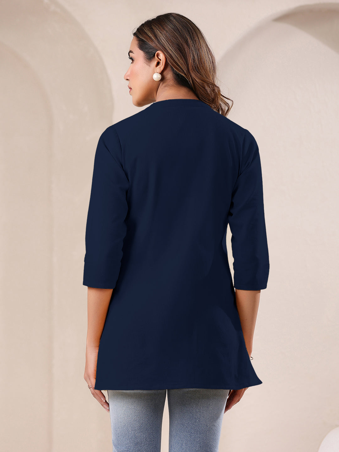 Navy Blue Cotton Solid A-line Top - qivii