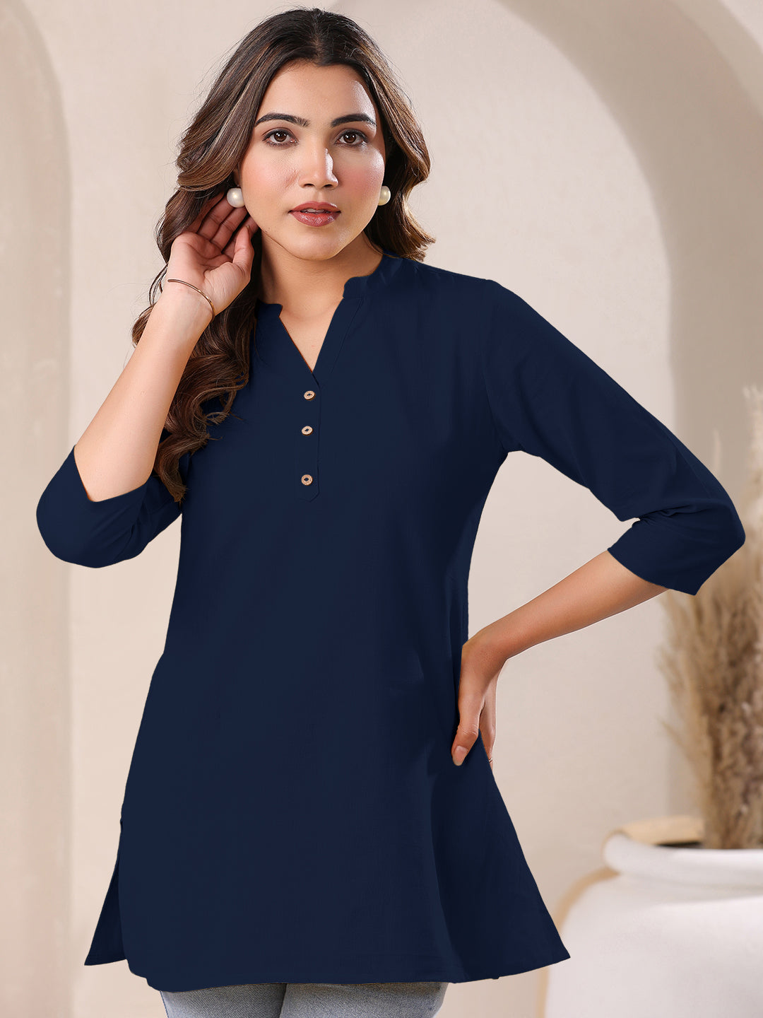 Navy Blue Cotton Solid A-line Top - qivii