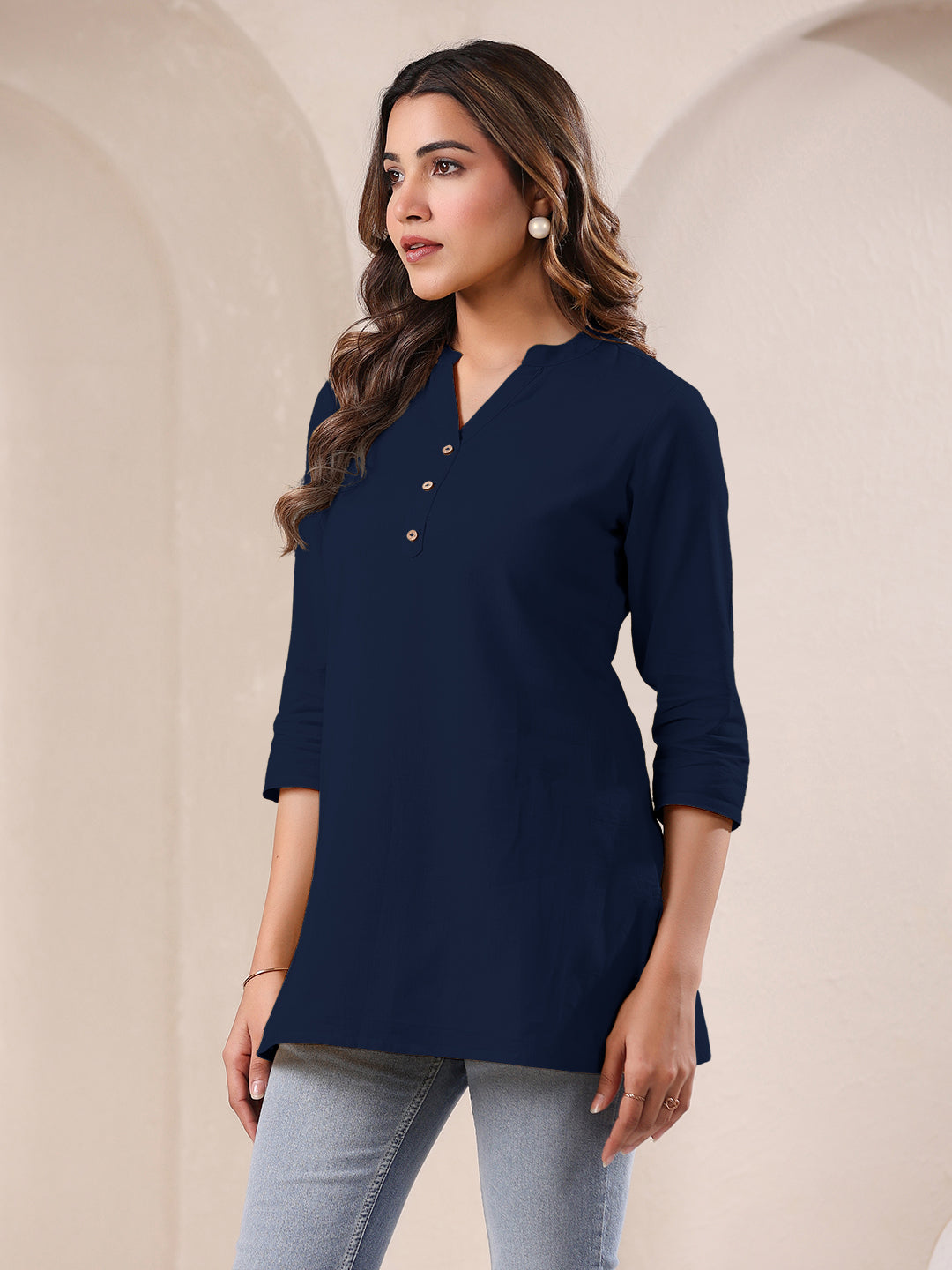 Navy Blue Cotton Solid A-line Top - qivii