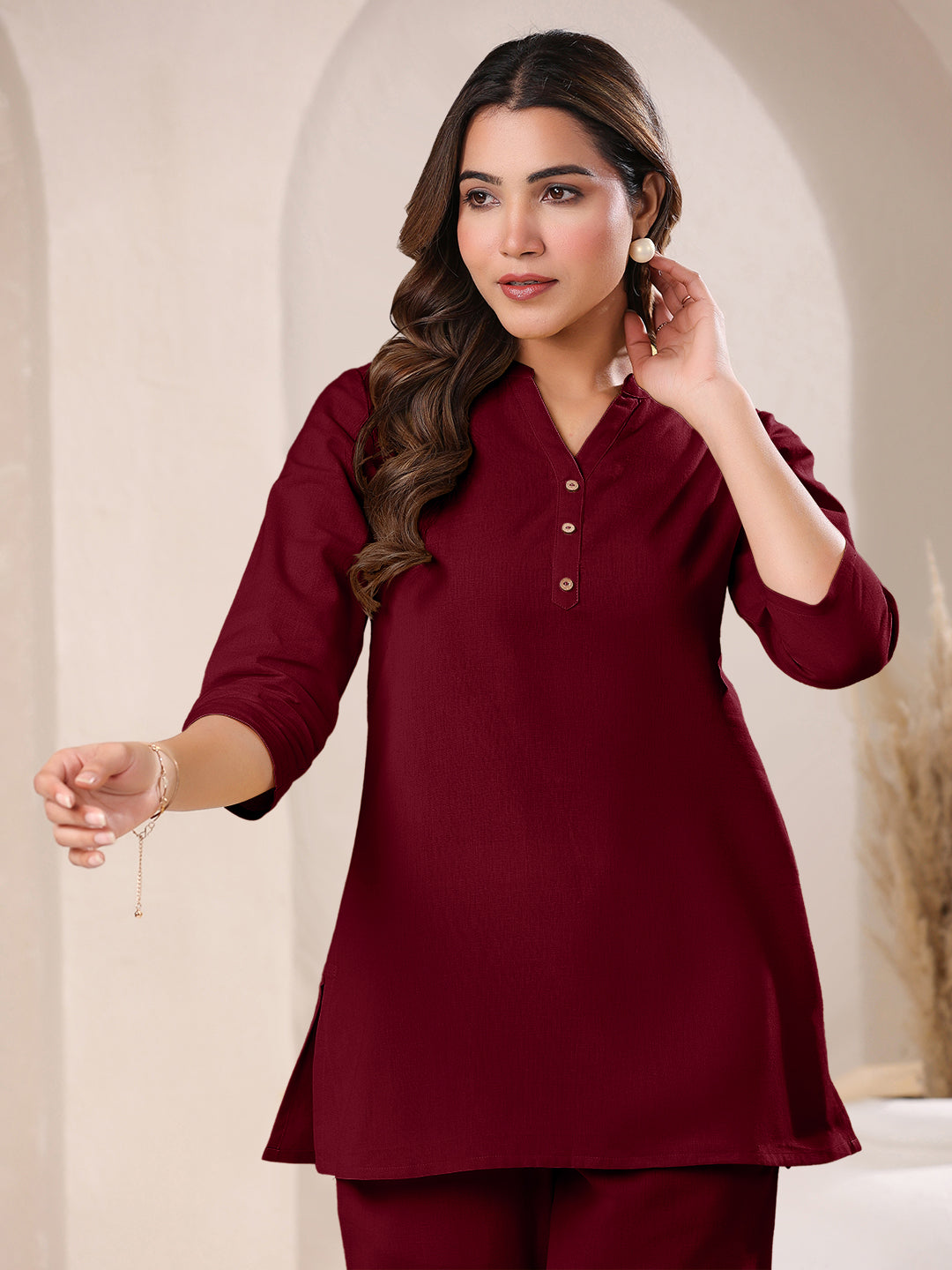 Maroon Cotton Solid A-line Top - qivii