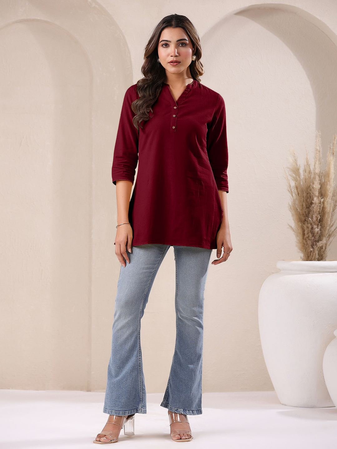 Maroon Cotton Solid A-line Top - qivii
