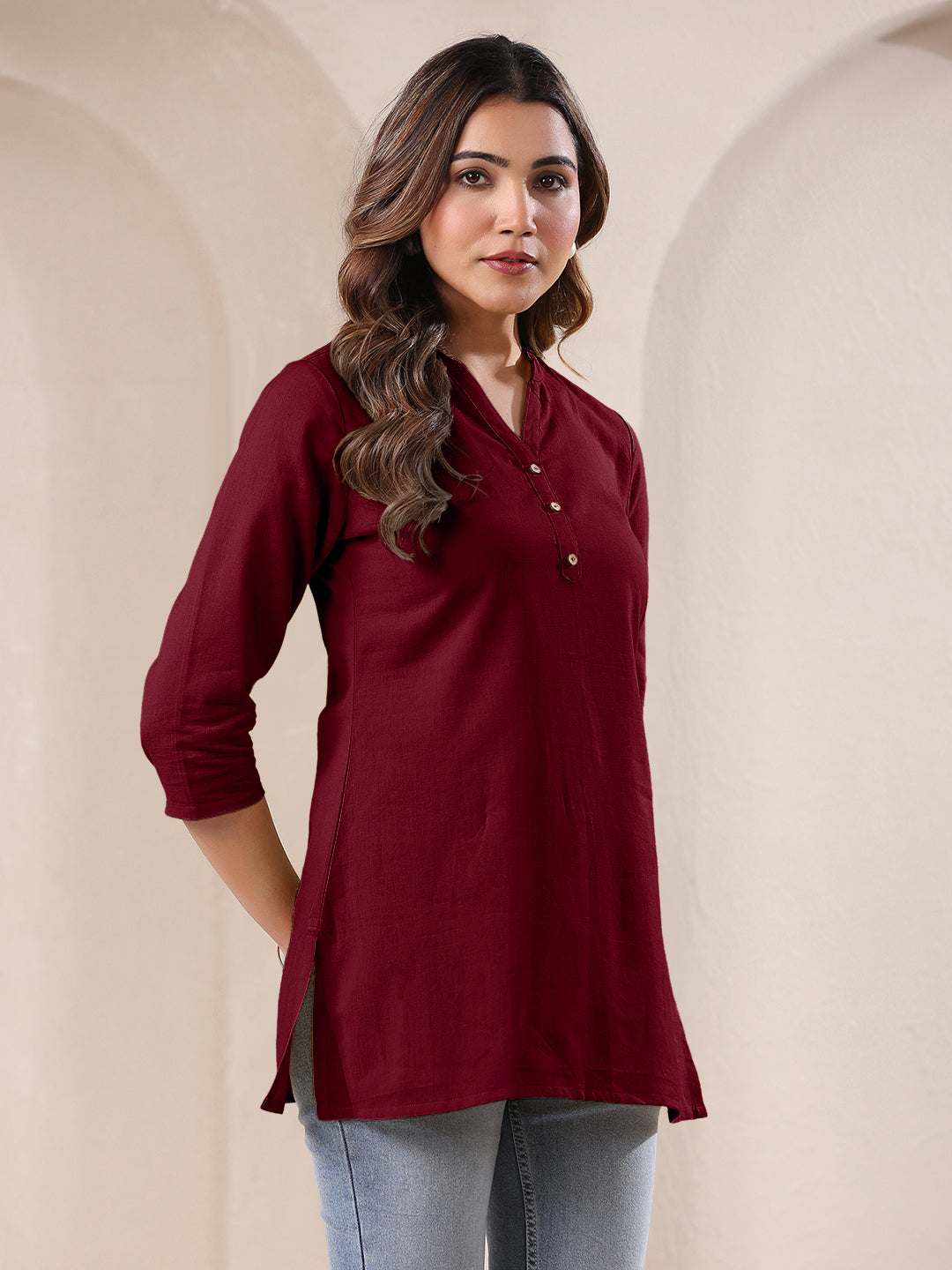 Maroon Cotton Solid A-line Top - qivii