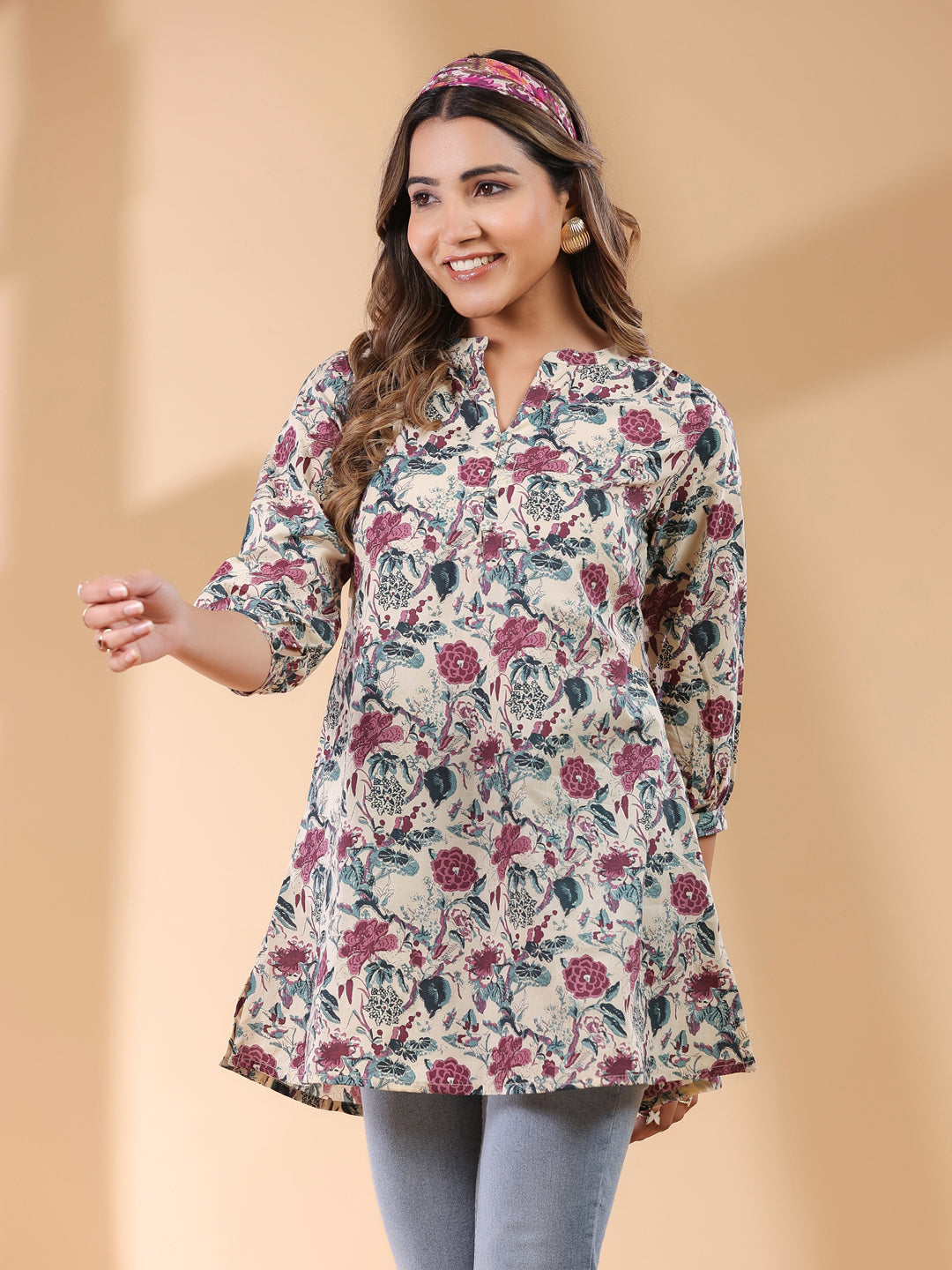 Beige Pure Cotton Floral Printed Straight Tunic - qivii