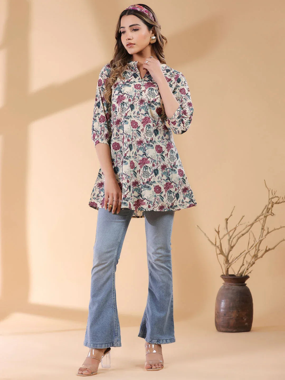 Beige Pure Cotton Floral Printed Straight Tunic