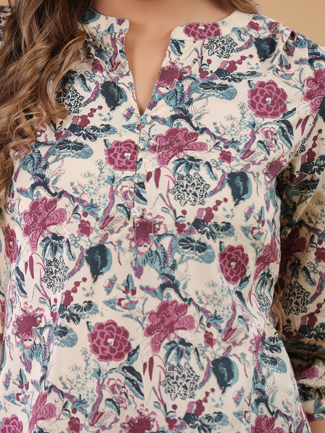 Beige Pure Cotton Floral Printed Straight Tunic - qivii