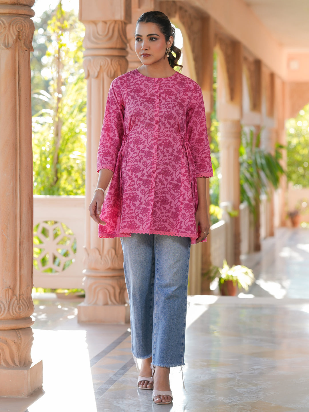 Pink Pure Cotton Floral Printed A-line Tunic - qivii