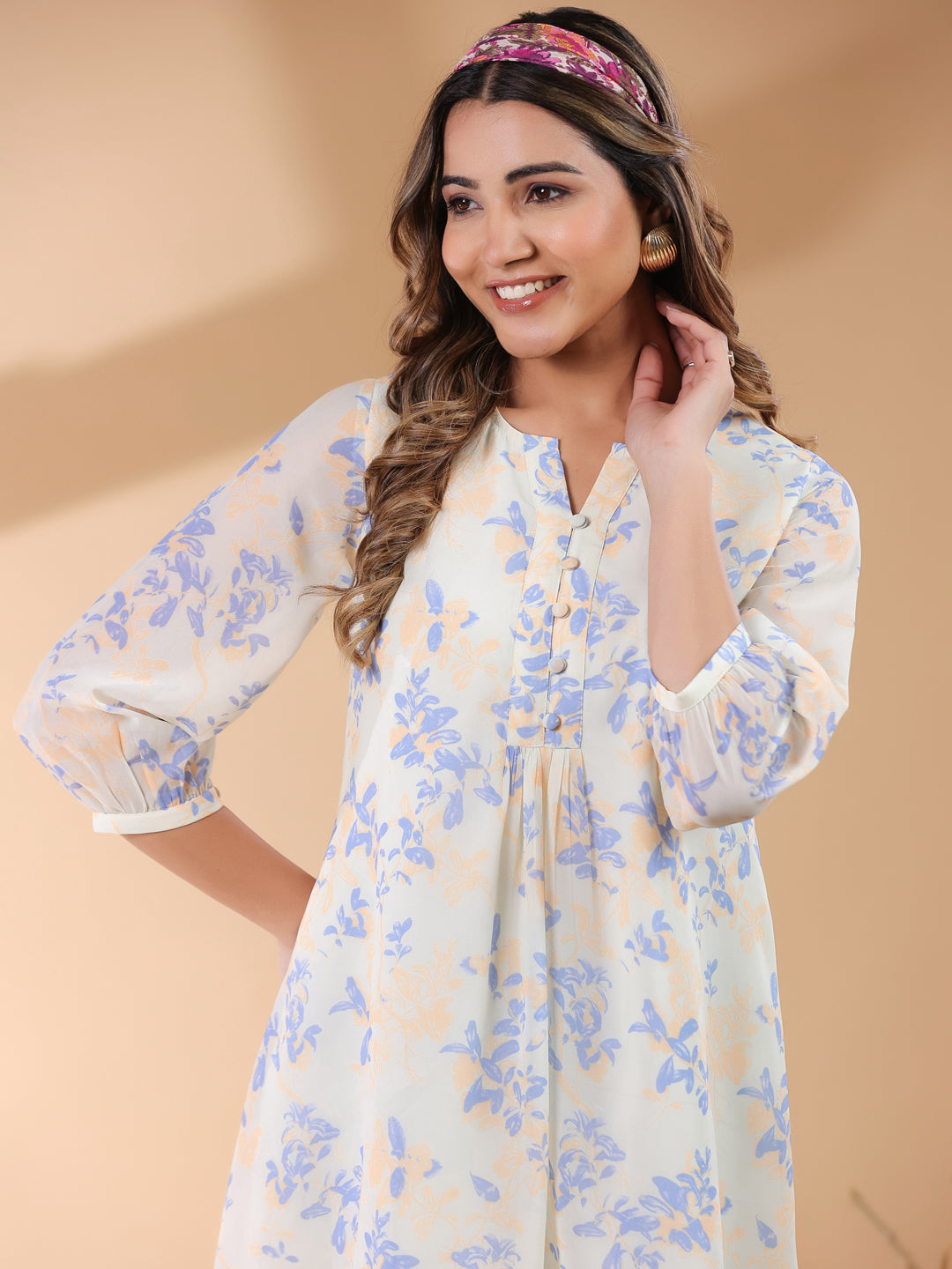Cream Georgette Floral Printed A-Line Tunic - qivii