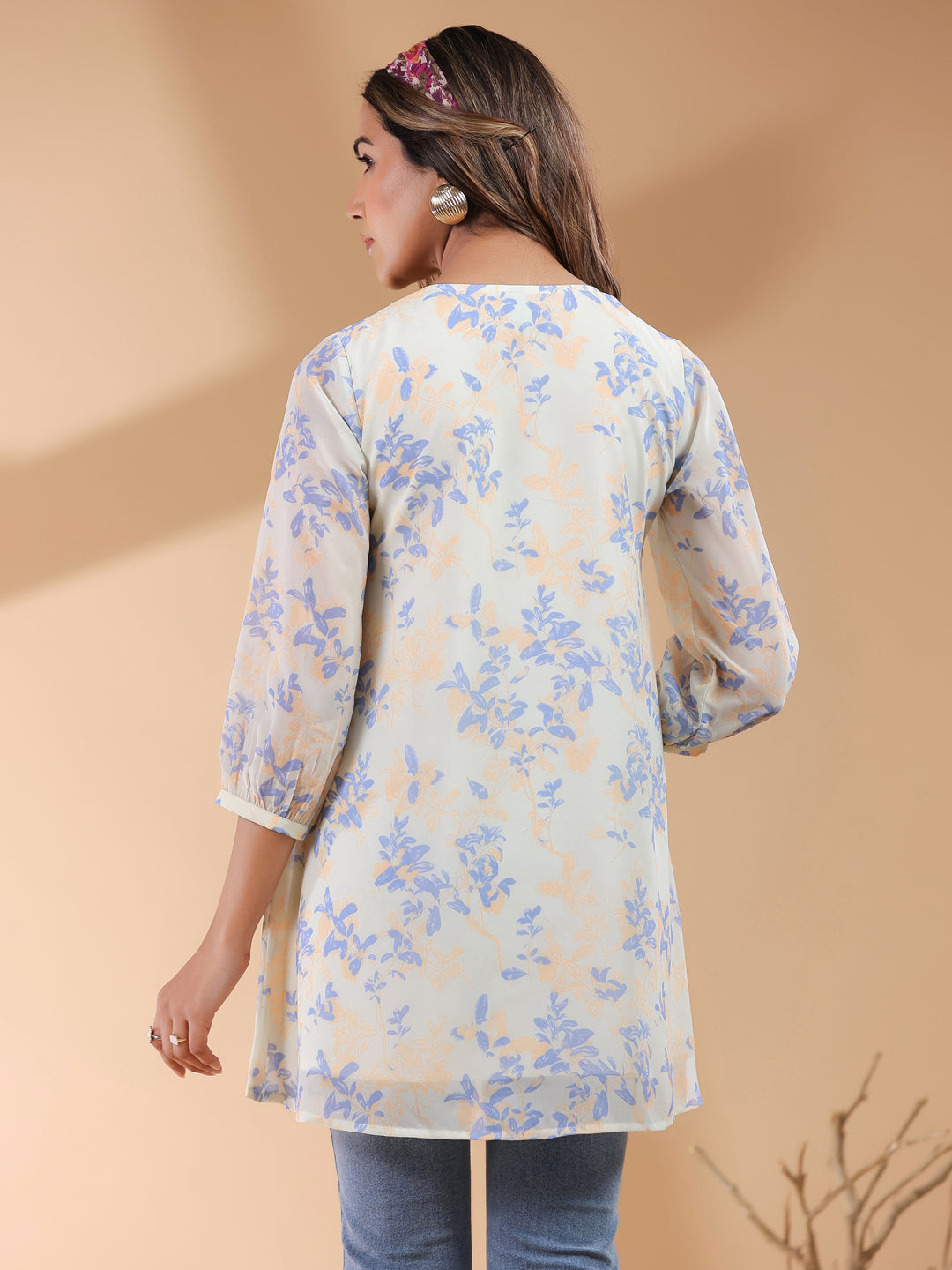 Cream Georgette Floral Printed A-Line Tunic - qivii