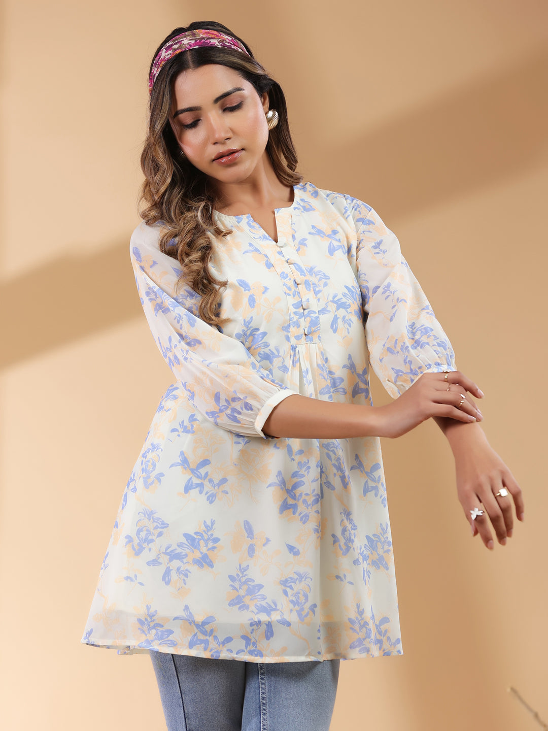 Cream Georgette Floral Printed A-Line Tunic - qivii
